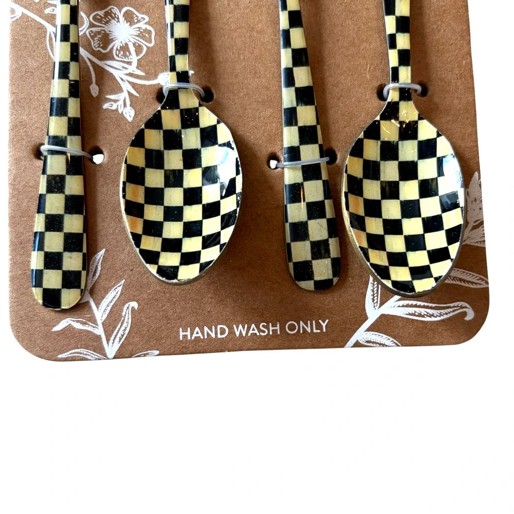 Artistic Accents Checkered Cocktail Spoons Set of 4 Enameled Cream & Black New